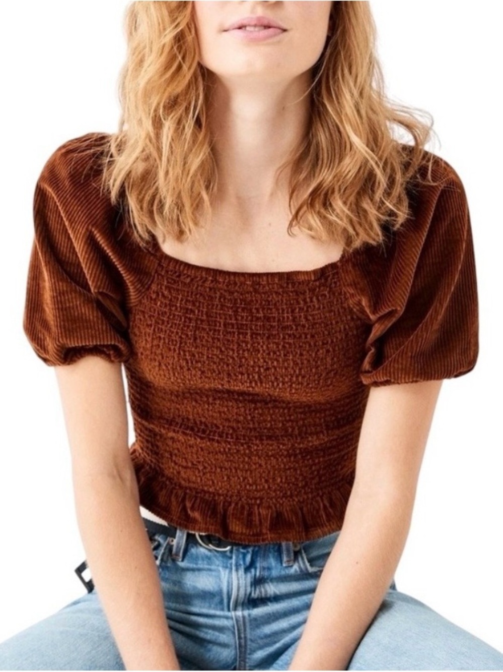 American Eagle Brown Corduroy Smocked Puff Sleeve Top Size M